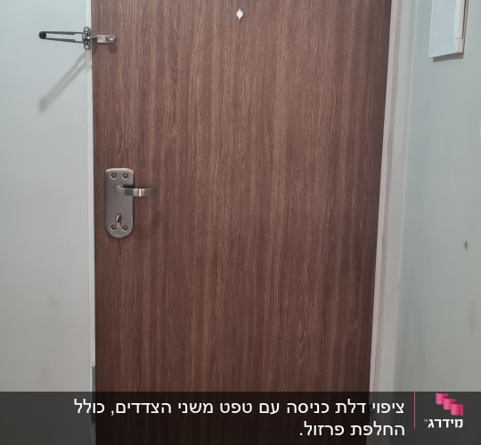 דלת עץ עם ידית מתכת ובריח עליון